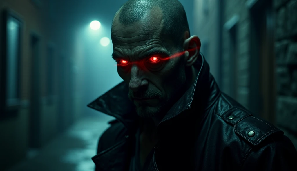 macro crisp quality, close up portraint, of cyberpunk brutal man, in cyberpunk neon room, rough skin, look at a camera, glowing eyes, age 40, cinematic, dimmed colors, dark shot, muted colors, film grainy, lut, spooky