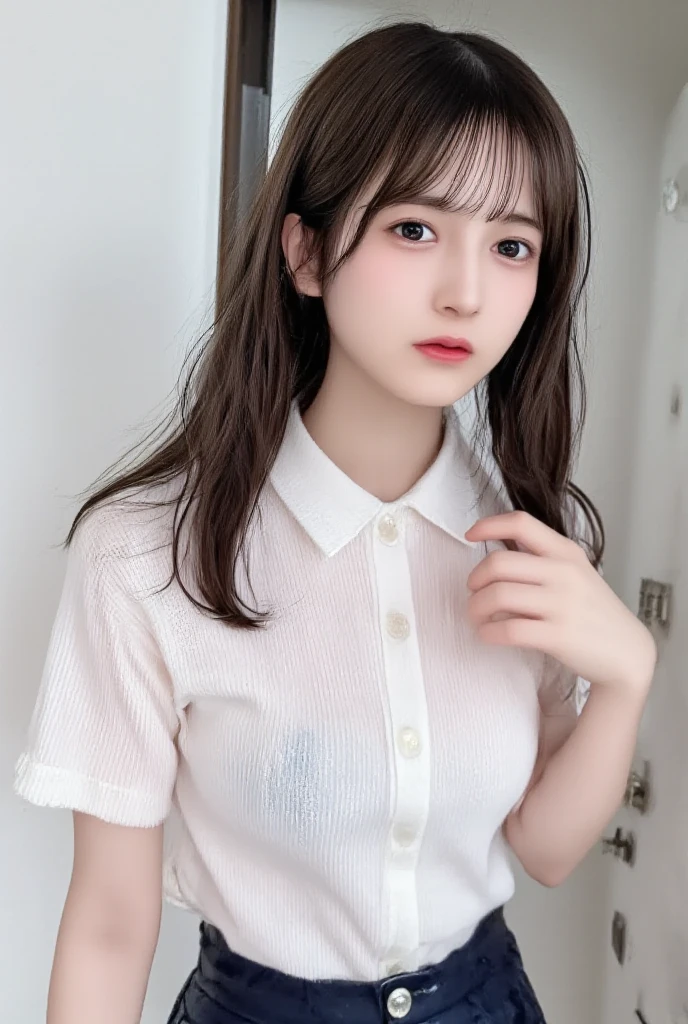 absurdres, (masterpiece, best quality), (ultra-detailed), extremely detailed,super high resolution, (Top Quality photorealistic Illustration), (Super Definition), (best quality,masterpiece:1.0),(cute illustration:1.3), (high Saturation:1.2), highres, ultra-detailed, 32k,8k resolution, intricate details, cinematic scene, detailed background, Soar (High chroma),(Sparkling),bathroom, BREAK (1 girl) (kawaii:1.6), (cute:1.6), Beautiful and delicate eyes, Delicate and beautiful face, Facial accents, Perfect figure,(open shirt:1.6), (show off nipples:1.6), (exposing bare breasts:1.3), (exposed chest:1.3), (no bra:1.3),,Uniforms、bright expression、poneyTail、Young shiny shiny white shiny skin、Best Looks、Natural black hair with dazzling highlights、shiny light hair,、Super long silky straight hair、Beautiful bangs that shine、Double eyelids、eye liner、Glowing crystal clear attractive big brown eyes、Very beautiful nice cute 14 year old Nordic girl、