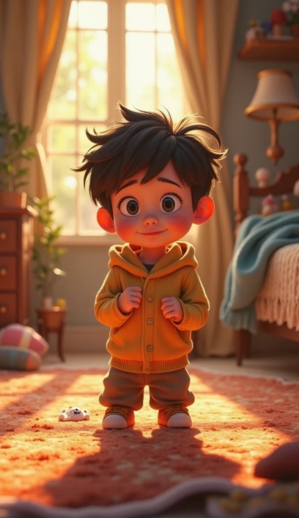 Cinematic Cartoon style. Comic art. TME0224 face, (((a baby boy, 4yo))) in a funny night (((wearing a baggy zipper onesie))). (((Prison Cell background))). cinematic lighting, drop shadow, masterpiece, UHD, anatomically correct, textured skin, super detail, high details, high quality, best quality, 4K