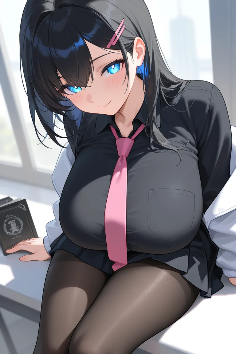 Two heads, masterpiece, best quality, anime, intricate iris, anime style, extremely detailed face, beautiful face, yaoyorozu momo, 1girl, black eyes, black hair, ponytail, long hair, hair pulled back, breasts, smile, solo, u.a. , withe shirt, pleated green skirt, red necktie, (detailed eyes, deep eyes),
(sitting on bench ),
(looking at viewer, (seductive smile, closed mouth, in heat),  upper body, face focus, ),
beautiful lips, full lips,
(mall, indoor fountain),
(medium breasts:1.2, wide hips, narrow waist, ) ,
 (uraraka_ochako, bodysuit, sidelocks, shirt),