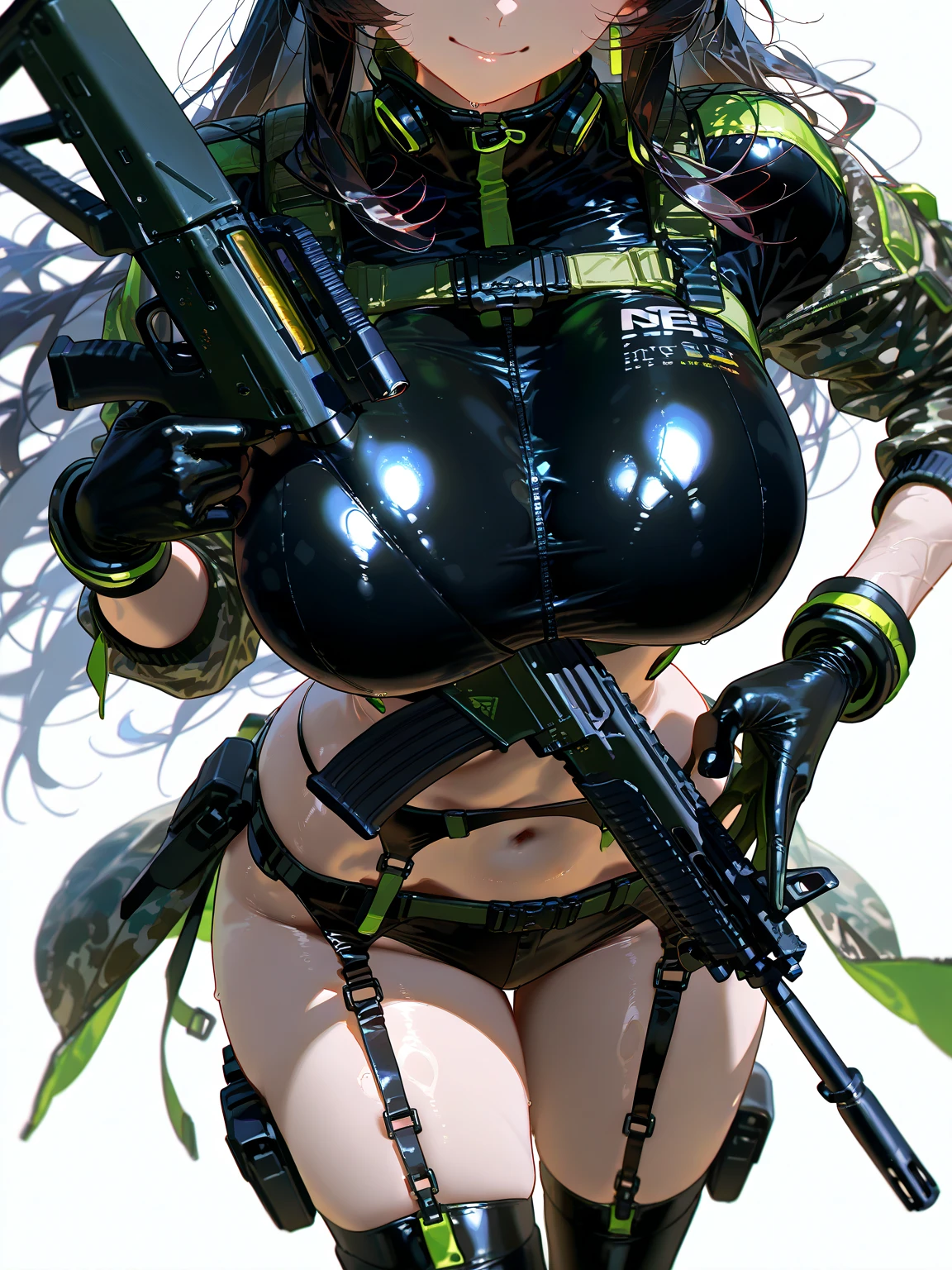 (((absurdres))), (((masterpiece))), (((best quality))), ((ultra-detailed)), ultra high quality, realistic, (real picture, intricate details, depth of field), ((((1girl, solo)))), make up, parted lips, highly-detailed, perfect face, (((mature woman, milf, skindentation))), (huge breasts, wide hips), tall, glossy lips, ((toned abdomen, abs, scars)), sexy, blushing, ((brown hair, blunt bangs, ponytail)), ((beautiful brown eyes)), (((military, navel piercing, camouflage bikini, stockings, harness, black gloves, ammo pouch))), (((erotic pose, straddling, pov, spreading legs, from below, hands on chest))), ((forest, rain)), alluring smile, (((wet))), (((mud, mud on body)))