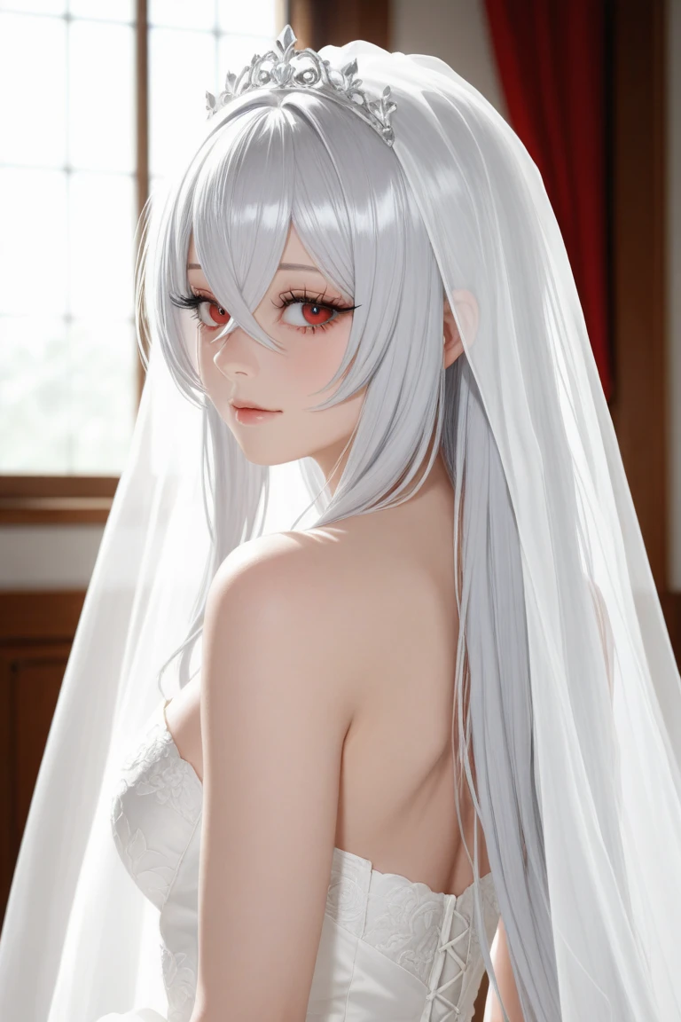 10 year old girl,Milky white long hair,Red Eyes,Very large breasts,((3D anime style)),