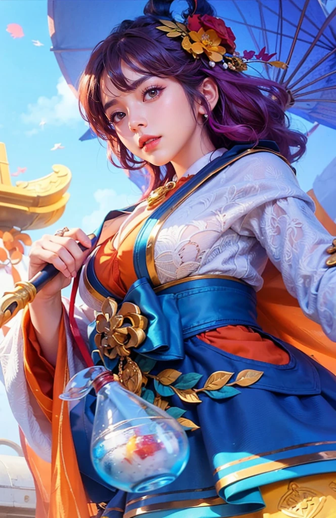 girl with purple hair holding a umbrella, red lips glossy, 8k, ultra hd, ultra detailed texture, hyper realistic, masterpiece, detailed texture, detailed face, detailed skin, detailed lighting, (photorealistic:1.5), best quality, beautiful lighting, cinematic lighting, professional lighting, ultra highres, realistic, detailed hair, real hair, high quality, (realskin:1.5), extremely detailed, finely detail, ultra-detailed, smile, kimono outfit, yellow eyes.
