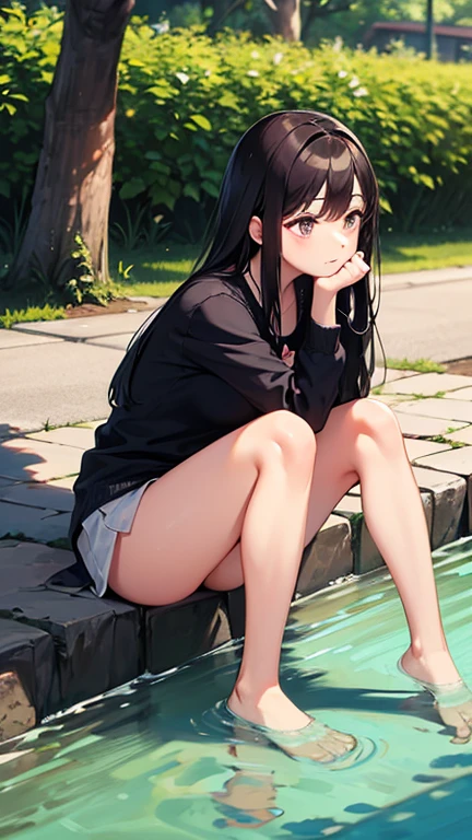 realistic, 1girl, black hair, brown eyes, squatting by the river without clothes, rural natural scenery,