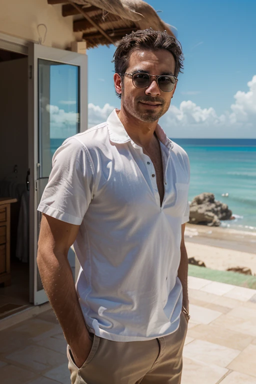 un sex-symbol italiano muy elegante que seduce mujeres, He is 45 years old and a businessman vacationing on the beach drinking a daikiri