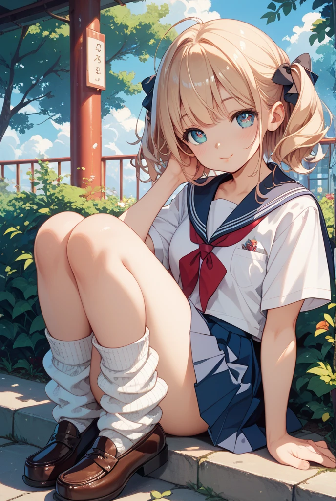 highest quality、Super Resolution、8K,(masterpiece:1.3), (Absurd:1.3), (highest quality:1.3), (Very detailed:1.3), One girl, View your viewers, smile, Outdoor,Photographed from the perspective of looking up at her feet, Summer sailor uniform,ailor collar,、Sit on a bench、She spreads her legs and shyly shows her panties、She shows off her white frilly panties to the viewers.、