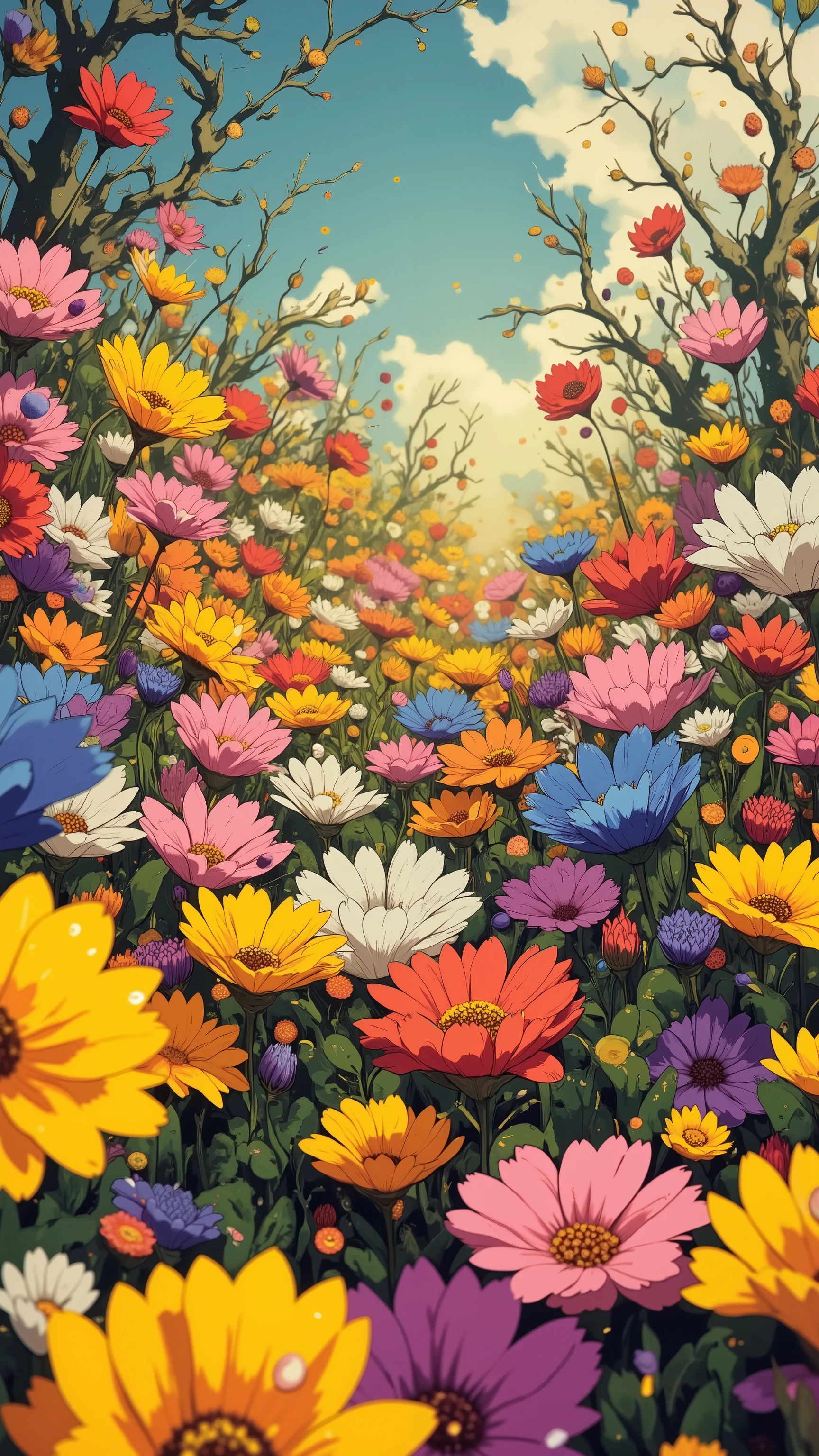 flower field, flower sea, flower, holding flower, vibrant colors, ethereal lighting, impressionist style