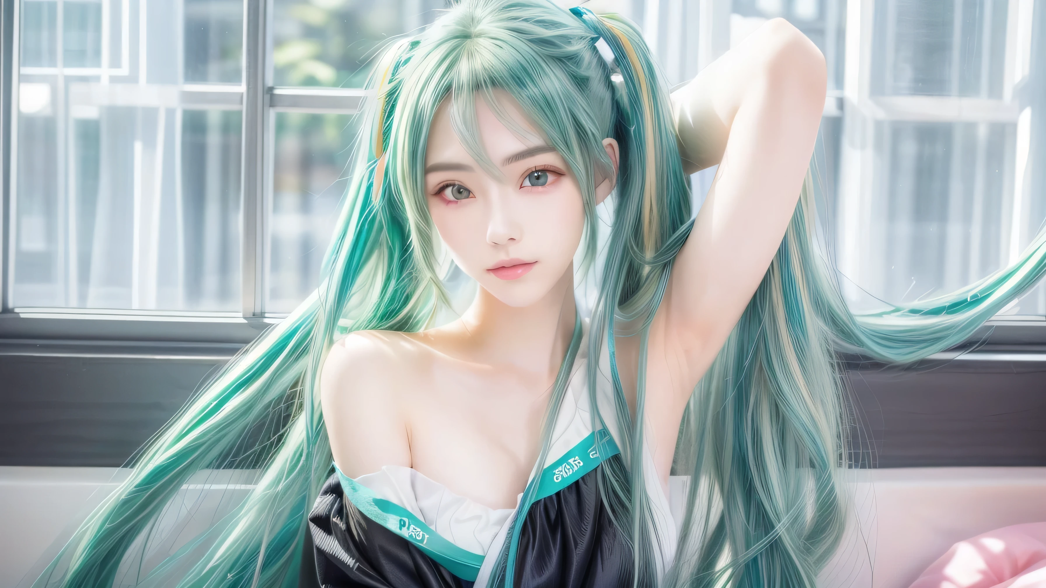 top-quality、超A high resolution、(Photorealsitic:1.4)、(Green Longhair:1.3)、(azur lane\)、1girll、(Kpop Idol)、NSFW、slenderbody、Behold、cute little、finerly detailed face、Contrapo、Smooth skin、parfect anatomy、White camisole、Pure black pleated skirt、A city scape、natta、Rain wet type、Professional Lighting、Shopping mall rooftop café、outside of house、no teeth、８K Wallpapers
