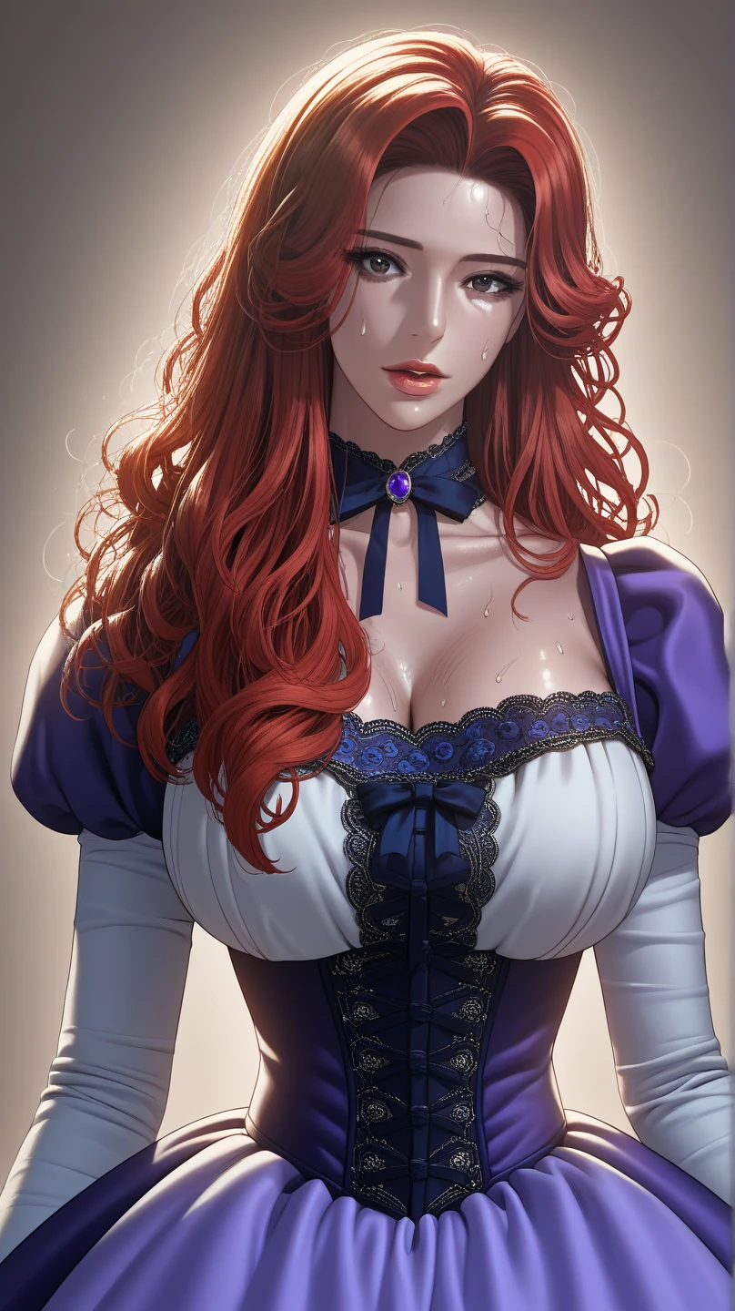 Complete artwork masterpiece, full-body image, high quality, ultra detailed in 4k, 8k, hyper-detailed, realistic skin texture, amazing shadows, highly detailed background, extremely detailed texture. A elegant gothic dress, vampiress, (( medium Red wavy hair)), (perfect body), ((light blue eyes)), ((perfect detailed face)), ((perfect detail full red lips)), ((large breast) at a Classic Castle