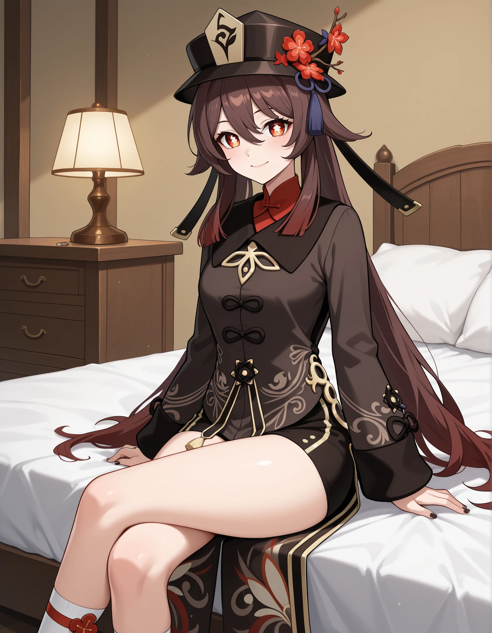 Hu Tao\(Genshin Impact\),
brown hair, long hair, twintails,
red eyes, flower shaped pupils,
Hu Tao\(Genshin Impact\) outfit,
black hat,
black coat,
black shorts,
white socks,
1 girl, solo, female only,
bedroom, white bed, wooden nightstand, lamp,
happy, wide shot, centered character,
(Sitting on bed, cowboy shot, front side view, crossed legs),
masterpiece, newest, best quality, source_anime, beautiful eyes, clear eyes, (mature female), milf, aged up, adult, big round eyes, flatshading, curvy, slender,