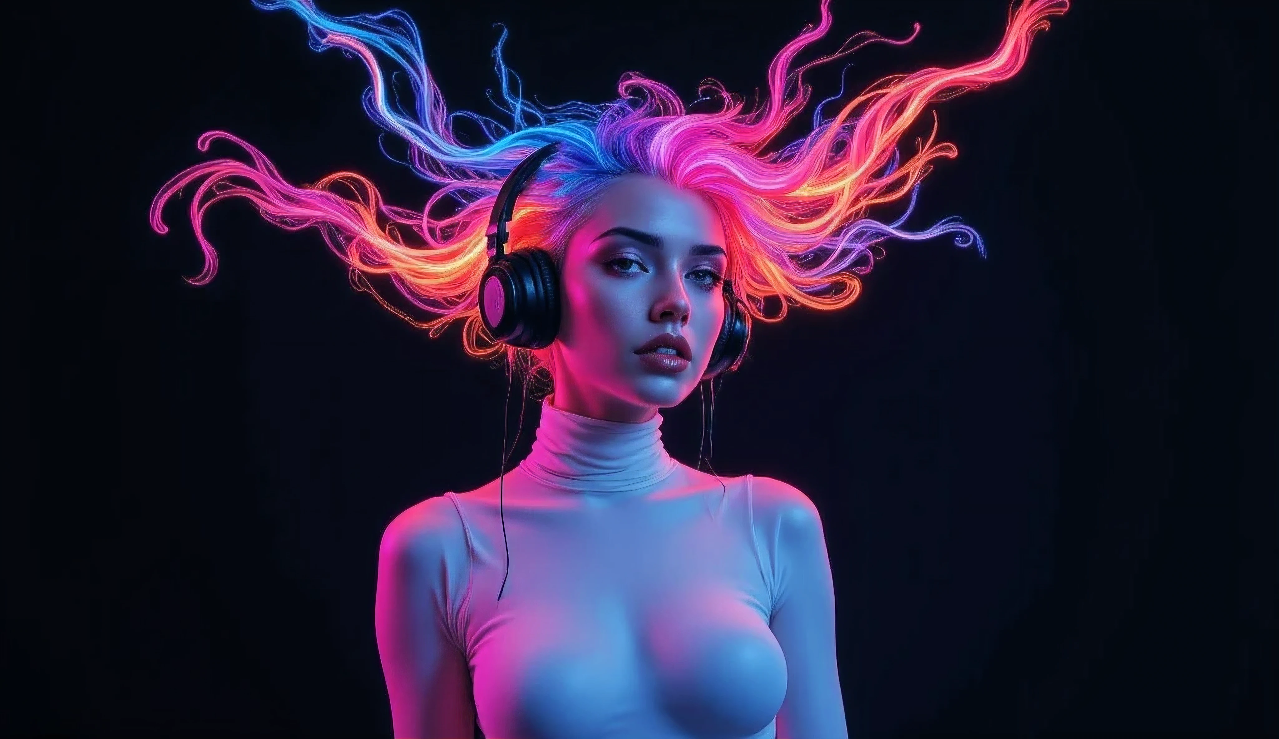 contemporary digital art a female figure headphones, digital illustration, straight-on view, focus on the upper body and face, skin tight ink outfit depicted with a whirl of abstract, neon-colored streaks flowing from the head area, symbolizing movement, simplistic with a plain, dark background to enhance subject visibility, brightly colored with contrasting shadows to emphasize the colorful streaks, minimal facial features with an emphasis on the abstract design, high saturation, sharp contrast between the subject and background, surrealistic, high resolution shooting, front view, female figure with electromagnetic reaction, full-body, electromagnetic on figure head, mysterious mood, figure wears a avant-garde white neon clothes, enigmatic scene is set against a minimalist, low-key lighting to enhance the mystical atmosphere, reinterpretation of reality, creative technique, realism, rich detailing