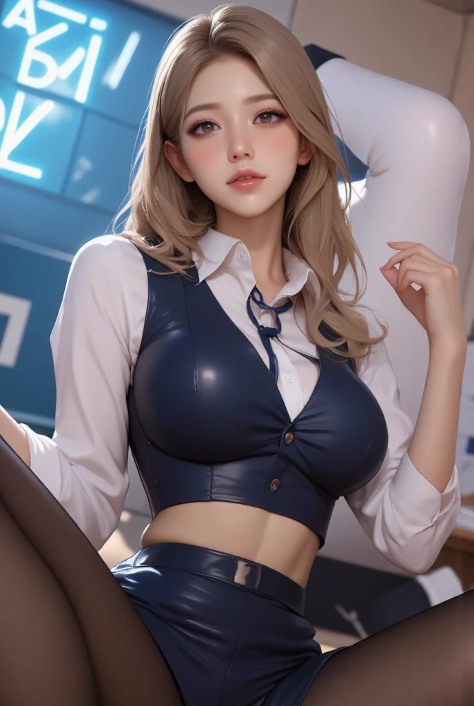 (hyper-realistic), (illustration), (high resolution), (8k), (Very detailed), (best illustration), (Beautiful and delicate eyes), (best quality), (Super detailed), (masterpiece), (wallpaper), (Detailed face), Realistic skin, anatomically correct, alone, 1 girl, (wavy white hair:1.2), (beautiful susie:1.7), (Beautiful and cute JAV idol:1.7), heterochromatic eyes, (Detailed blue eyes), There is a small mole under the eye, (faint smile:1.1), (big breasts:1.2), Navy blue formal blazer, White shirt, black miniskirt, long legs, Firm abs, dynamic poses,