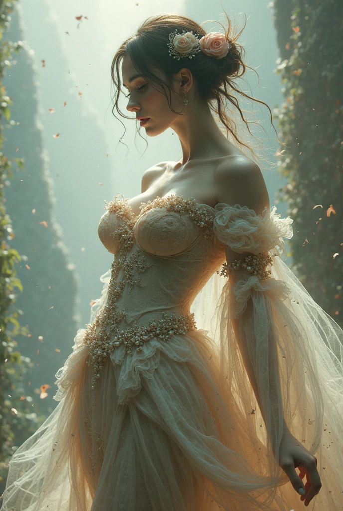 hot girl in fairytale dress,dark hair,sexy look