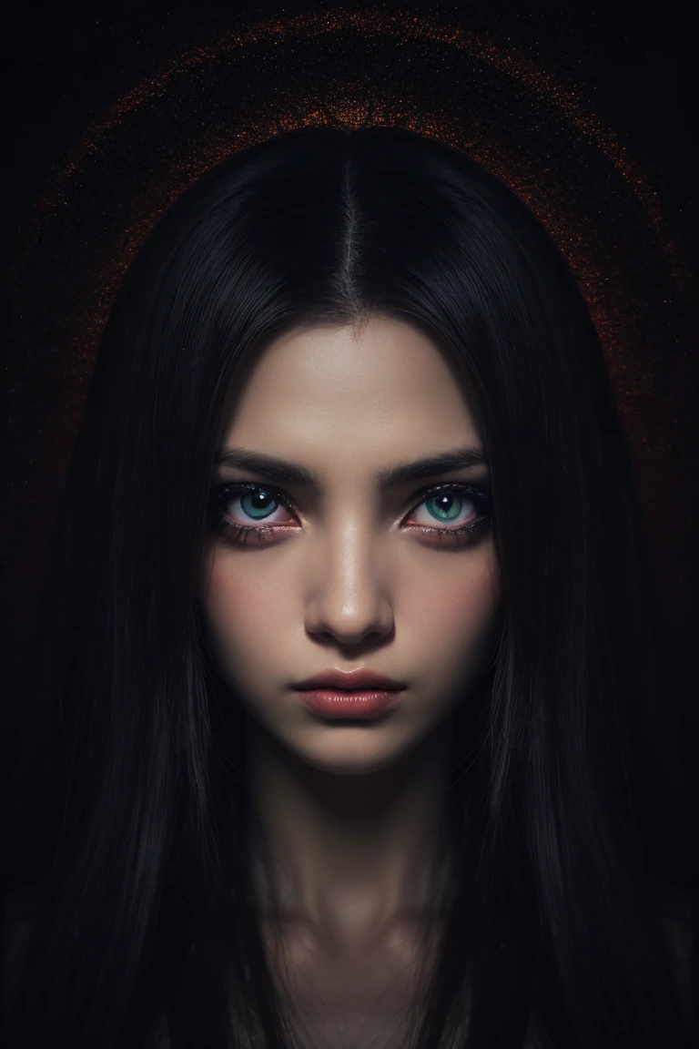 A pre 10 years old girl with pale skin and long, straight black hair. large and dark eyes , with an intense and enigmatic expression. wearing the orphan movie clothe style, with a more elegant and sophisticated touch, something that matches her mysterious and strong personality. Overall, her appearance would be striking, attracting curious and intrigued looks. flat chested, cinematic lighting, chromatic aberration, backlighting, masterpiece, high details, high quality, 4K.