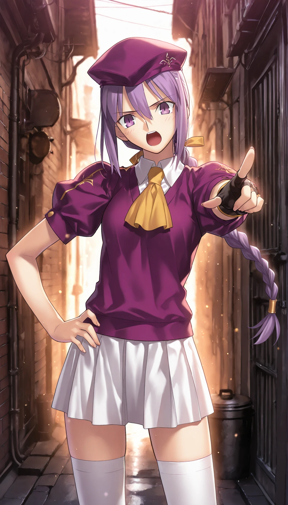 masterpiece, , absurdres, highres, detailed background, high resolution, masterpiece, necessary, detail, best quality, quality, necessary, details, High details, Precise, dark, outdoors,(colorful light particles, powder light, Alley), day lens flare, blurry background, ,
1girl, Takeuchi Takashi (type-moon,tsukihime) style, takeuchi takashi style, (aged up), (hand on own hip, pointing), ,yelling out,
girl, (mature, slender body, slim arms, slim bod), (Sion) Eltnum (Atlasia) ,sion eltnam atlasia,(fate), purple hair , purple eyes, half-closed eyes, tsurime, hair between eyes ,long bang, long hair , braided hair , braided ponytail , yellow ribbon , EltnumOutfit ,small breasts, light purple sweater ,puffy short sleeves, collared undershirt , white undershirt , undershirt , yellow ascot ,(short sleeve), ,white skirt ,miniskirt , gold trim ,white thighhighs ,single glove ,fingerless glove, black glove ,dark purple beret, ,((head tilt)), looking at viewer,(small breasts), ,