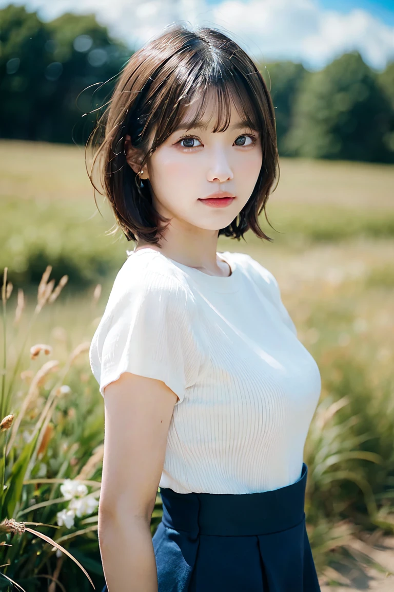 masterpiece, best quality, ultra high res,(photo realistic:1.6), 1girl, short hair, round face,blush a little, flat face, over size white t-shirt, beautiful thigh, field(fair skin:1.2), (boob:1.2), 