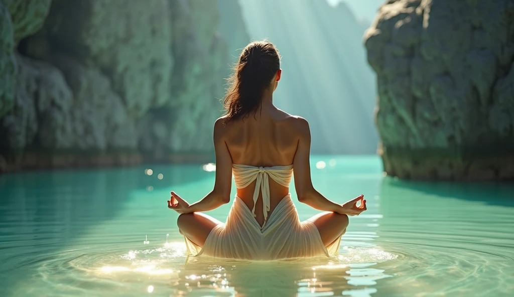 A woman filmed with her back facing the sunrise in a meditative position with nature and a calm lake around her, the woman is sitting on a rug and a cushion on a wooden pier, a color palette s]in shades of blue and yellow.. ultra realistic image, The woman is apparently naked with only a transparent veil covering her legs and buttocks.