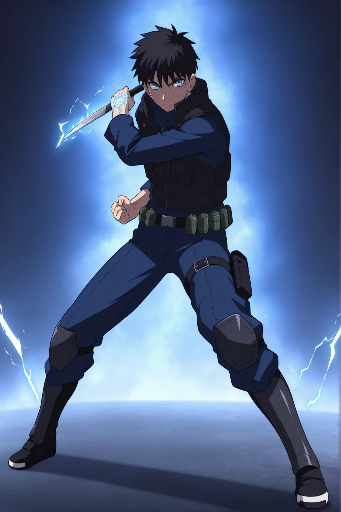 (masterpiece,best quality,ultra_detailed,highres,absurdres:1.2,amazing quality,very aesthetic),tohno shiki,1boy,solo,black hair,short hair,blue eyes,serious,,blue black pants,holding knife,fighting stance,full body, dark thick high collar black sci-fi armored vest, electricity effect on hands, waist and leg harness, armored legs, , frontal view, rwby aura effect around body, knee armor, grenade belt, blue black quarter sleeves,