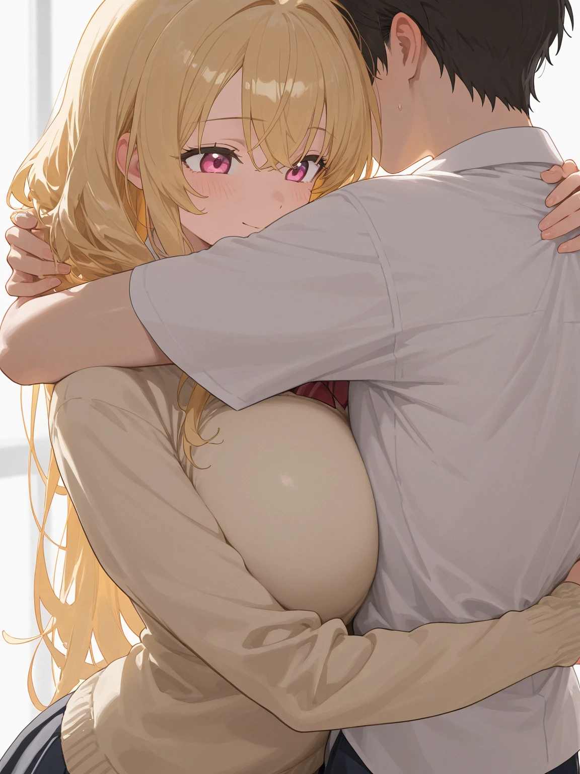 a tall woman with bangs and wavy hair, She is hugging a man with wavy hair with a strand of hair behind his right ear and also a strand of hair behind his left ear., his skin color is brown