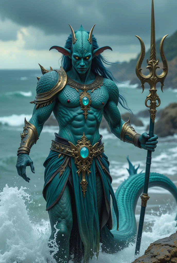 Barbados as a caribbean League of Legend creature in ultramarine blue and gold yellow. black trident-head. Intricated clothing. Cinematic Fantasy sci-fi landscape background