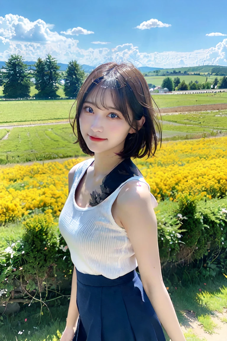 masterpiece、4K、highest quality、beautiful japanese woman、Detailed description、1 girl、23 years old、(black camisole:1.1)、bob cut、summer、rural area、Depth of bounds written、angle from above、smile、Biei town hill scenery background