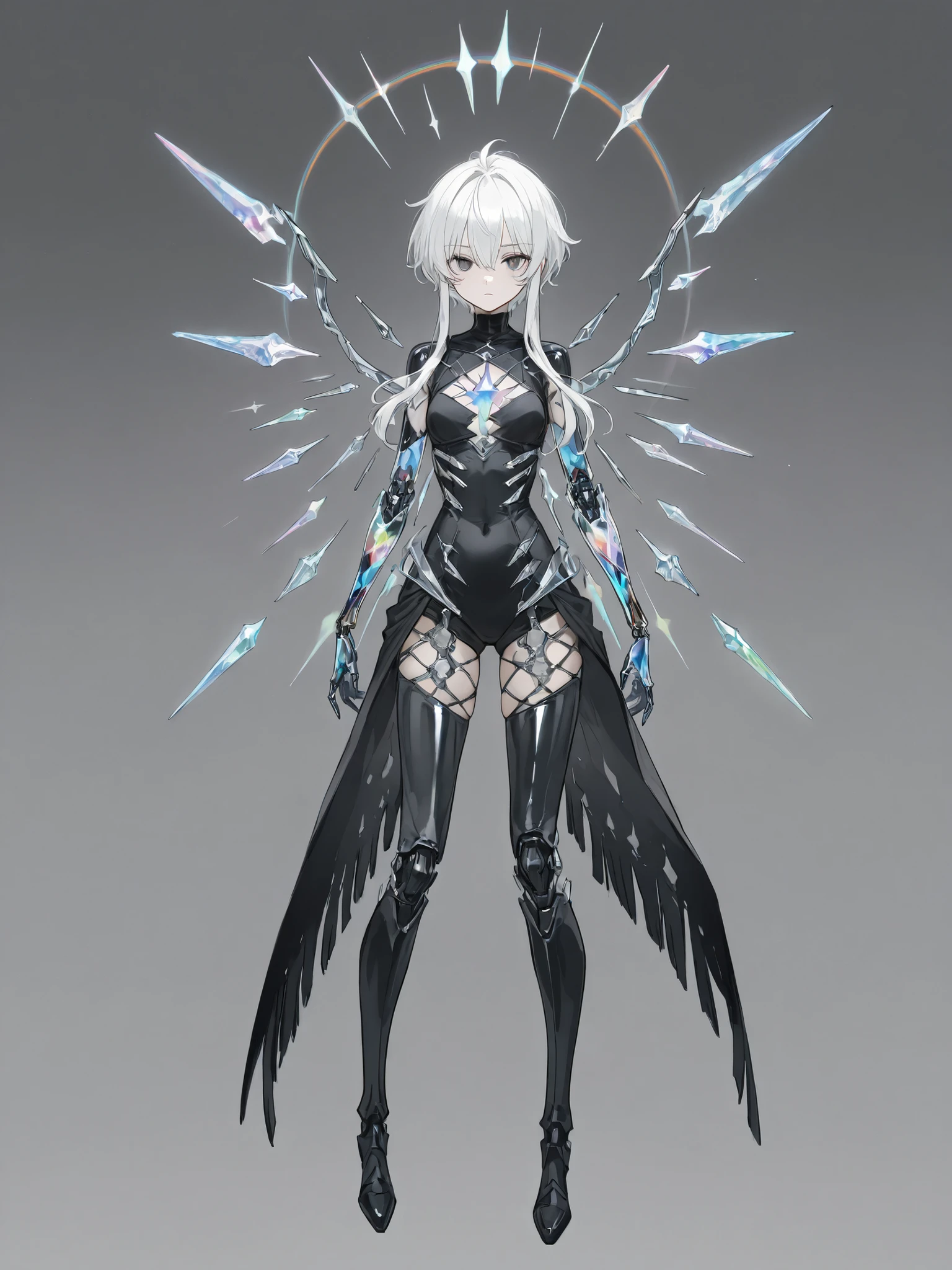 Linda garota adulta, short white hair with long locks and fringe, olhos cinza claro, empty and expressionless look, wearing a costume made of rainbow crystal, with a centered and fused rainbow crystal in the middle of the chest with crystal veins, futuristic cybernetic arms made of crystalline metal, full body, concept art, dark gray solid color background