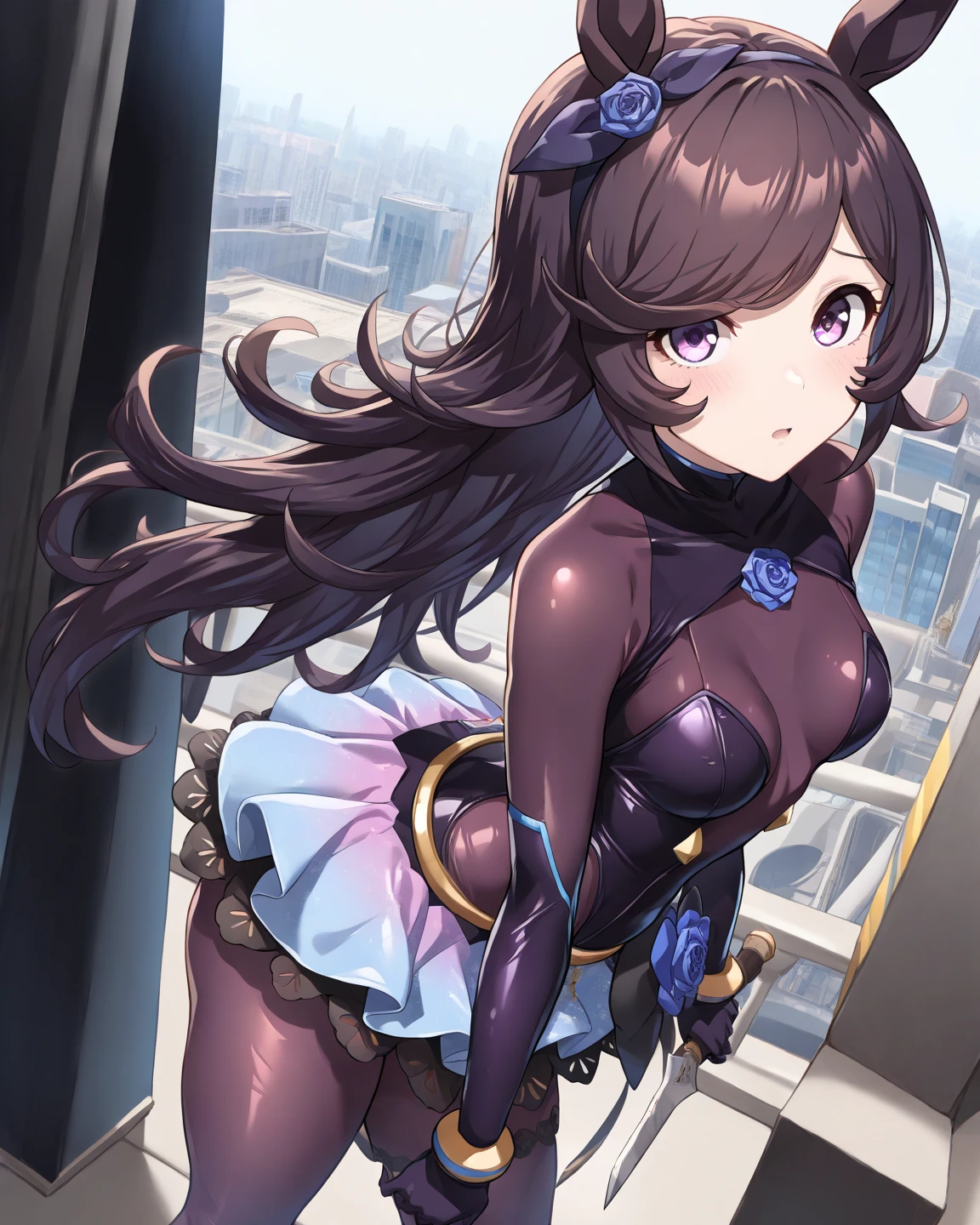 (8k, best quality, masterpiece:1.2), ultra-detailed, (high brightness:1.3), (high contrast:1.1), (high saturation:1.1), (anime screencap:1.20), 1 girl, ((daiichi_ruby))), ((solo:1.10)), ((animal ears, horse ears, horse girl, horse tail)), ((long hair:1.10)), black hair, ((hair bow:1.5)), ((braid:1.3)), ((drill hair:1.10)), ((hair flower:1.5)), ((hair ornament:1.5)), cute, ((Detailed details eyes:1.5)), cute, (((highleg leotard:1.30))), (((latex:1.30))), (((shiny clothes:1.20))), ((cameltoe:1.5)), (red blush:1.3), ((cute smile, closed mouth, happy)), ((((saggy small breasts:1.5)))), (puffy nipples:1.5), ((areola:1.5)), (((covered nipples1.20))), (((open clothes:1.20))), (((((arms up:1.10, behind head:1.20)))), (((squatting:1.10, spread legs:1.10))), (cute smile, closed mouth, happy), ((thigh boots:1.20)), (((outdoor, day))) ,