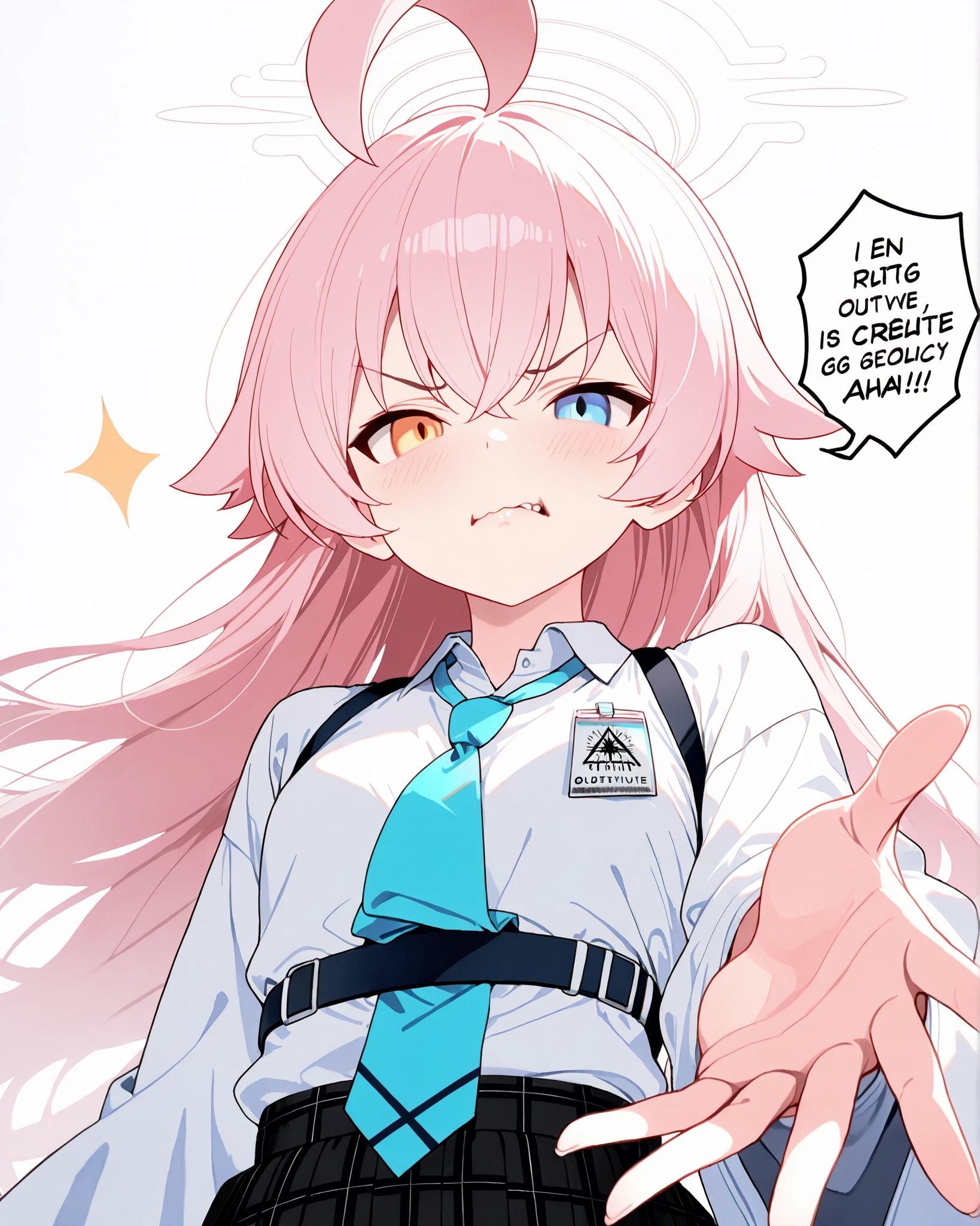 masterpiece, excellent quality, en iyi kalite, is absolutely glamorous, ridiculous results, blue archive'dan Takanashi Hoshino, pink hair color, Small breasts, lass , 1 girl, dressed in white traditional miko, us outstretched hand, angry expression, sarcastic expression bubble, solo, (overdetailed CG),( sharp image ), dynamic angle