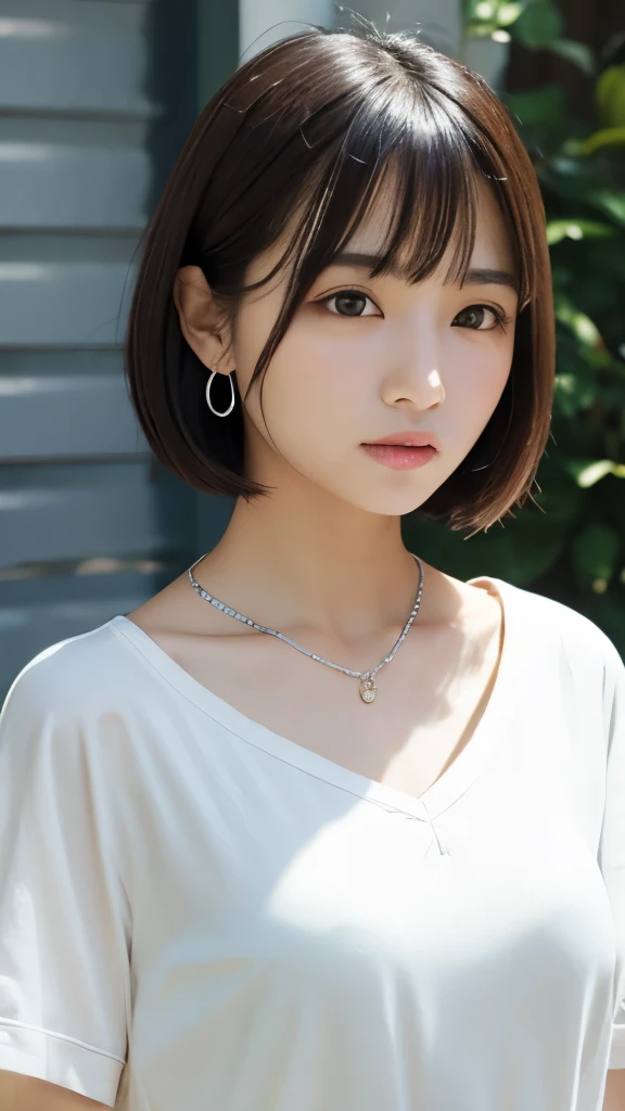 masterpiece)), ((photo realistic)), ((highest quality)), (, Japanese girl, (puffy face, baby face), broad jawline,big beady eyes, 長袖ブラウス、, (flat chest:1.1), ,薄い茶髪、 bob cut, (casual wear:1.1),無表情、earrings, silver necklace