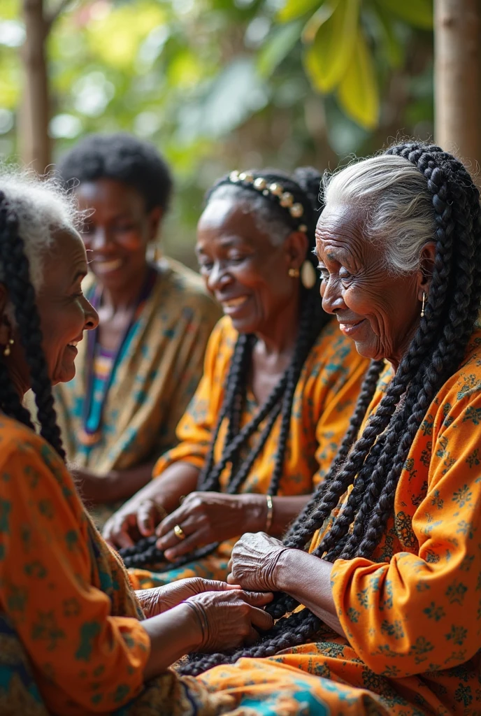 Gessie femme âgée de 54 ans, Afro Américaine dreadlorks relâché sur son dos. Teint lumineux, habits traditionnel haitienne, colliers, bracelets. Paysage province Leogane Haiti place Anacaona, rencontre Jaccot âgé de 53 ans, PORTE parole KNVA afro africain et Bailly, cheveux blancs très long sur son dos, moustaches blancs, barbes blanche, 75 ans directeur De l université INIVA. Cadre hautement lumineux, verdure,, place colorante. Les trois personnes en evidences. Arriere plan des passants