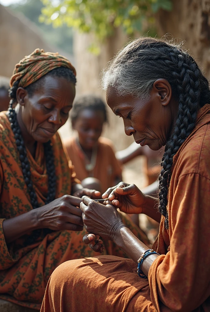 a grinning old somali grandmother in silky satin spandex swimsuit holding a small razor blade inbetween the legs of another somali woman in the somali village