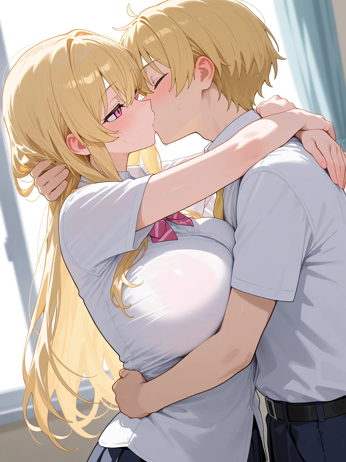 photo format 4:3 blonde woman long hair young and sensual without clothes big breasts accompanied by her a bald man without clothes hugging her sensual
