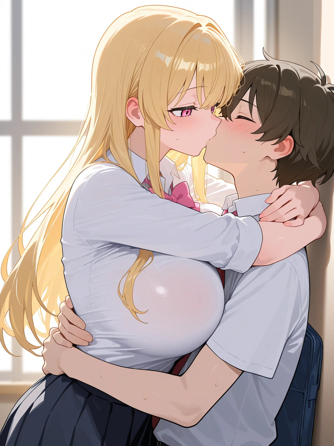Korean girl, BIG ties , blonde long hair , HUGE tits ,pink outfit , in the classroom , decorating her classroom with a male teacher , and they are kissing