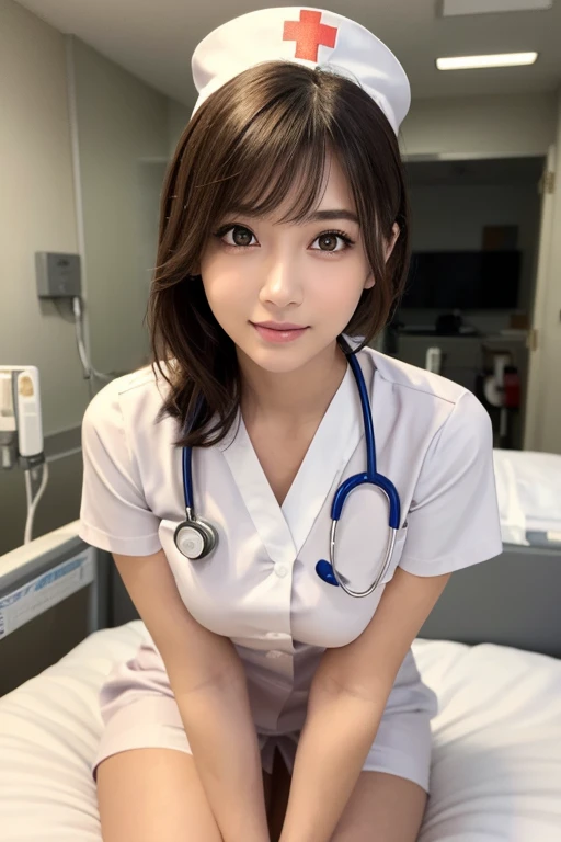 (1womanl), (Random hairstyle),Bun Hair、 Amazing face and eyes, Extremely cute face, Smile, energy, vitality, (real short nurse uniform:1.2), Light pink, white, (Nurse uniform with open chest:1.4), (Best Quality:1.4), extremely detailed CG unified 8k wallpaper, Highly detailed, High-definition raw color photos, professional photograpy, Realistic portrait, (Bedroom), stethoscope, White wallpaper, sexy portrait of girl, (View from below:1.2)、(Selfie)、Camera angle from above、
((Gal Makeup))、(cheek)、Panty shot、((Glossy white stockings))、Super low angle shot by a professional photographer、Looking up at the stethoscope、