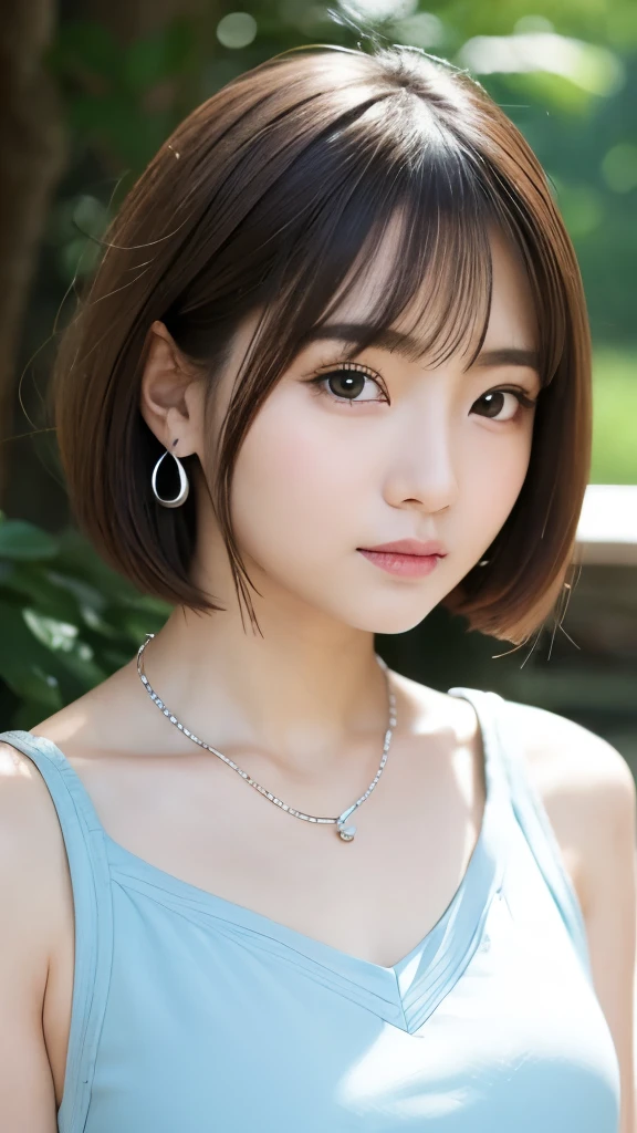 masterpiece、Highest quality, Detailed workmanship、High resolution、(8k, High resolution:1.2)、RAW Photos,(((Unzoom Shot))), Realistic、Slim figure、High resolutionの顔、The face is in focus、High resolutionの目、(Concentration, Symmetrical pupils:1.2)、High quality and beautiful skin、Firm Skin、Natural Makeup、Gloss lips, High-definition hair texture、(((One person))),Japanese women、high school girl、17 years old、very cute, Very short hair, (White tank top),(mini skirt), (Very embarrassed:1.3), (blush:1.3), (An embarrassed gesture、Embarrassed look:1.3)、(She is looking at the camera with an embarrassed look.:1.3)、(A soothing smile),Duck mouth、(Various shooting angles:1.2)、Thin Necklace、Small earrings, Super big breasts,Her huge breasts spill out of her tank top,(((Bust Shot))), Browsing Caution,The background is a stylish cafe,The cafe interior is detailed.、The background is painted large