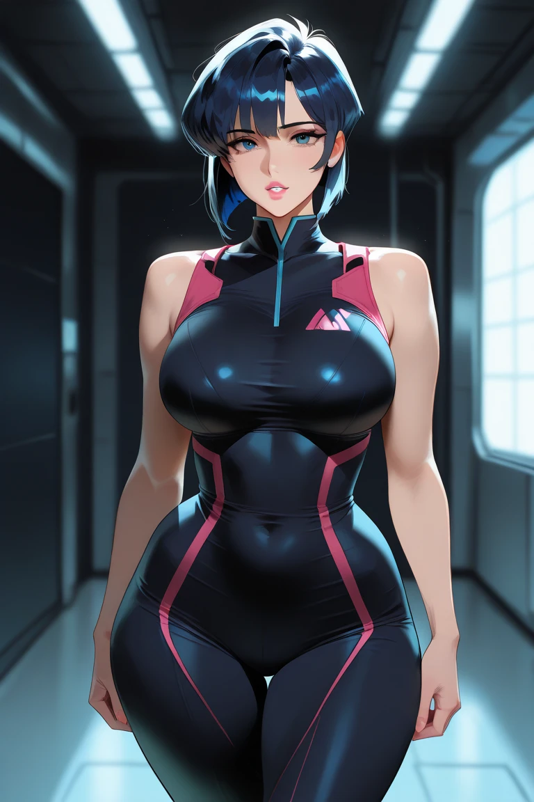 Milf, woman in a futuristic suit, highly detailed face, cool, mom, tomboy, very large breast, (Milf), mature face, (mature female), cybersuit, anime girl wearing tight suit, milfication, Elegant body, navel focus, naked body, gloves, earrings, science fiction, female protagonist, standing, volumetric light, detailed lighting, detailed textures, oppai cyberpunk, biomechanical oppai, masterpiece, best quality eyes, sci-fi background, futuristic landscape, low angle, (smooth surface), (simple body suit), black hair
