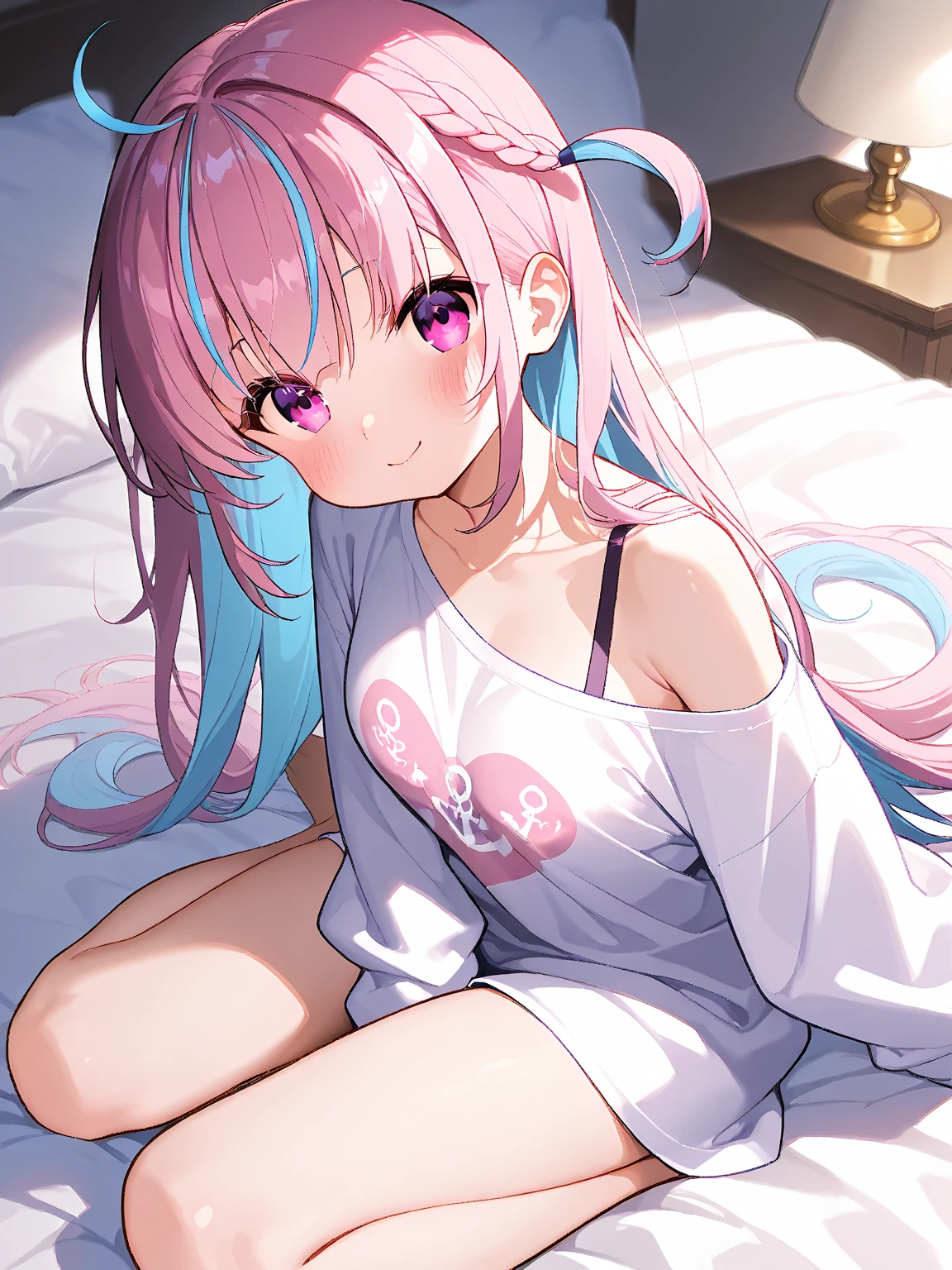 light blue long hair，light brown pink eyes，Short double ponytail，Wearing a plush slipper，off shoulder sailor school uniform，Two long hair curtains，His face was slightly red，with three earrings，Big Breasts Girl