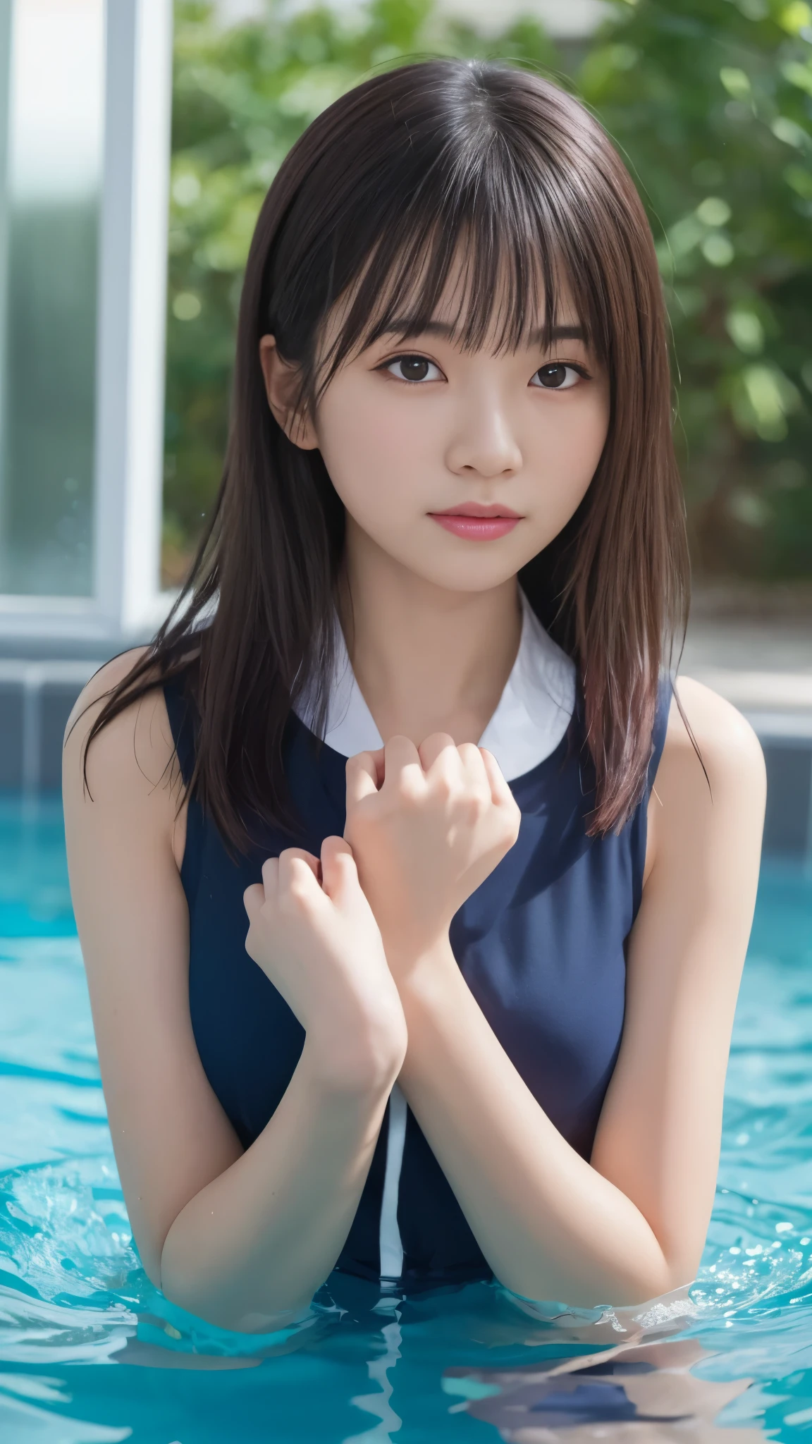 Highest quality、Realistic、Primary school students、zoom、Orange eyes、Black Hair、Light Blue Swimsuit、slender、Small breasts、Inappropriate smile、Pool、Cowboy Shot、