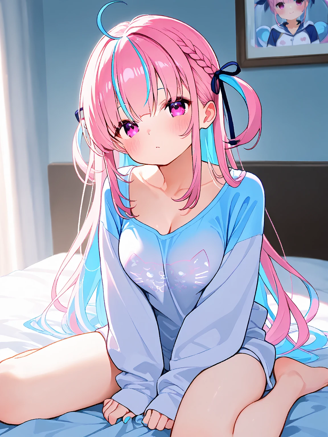 (​masterpiece、top-quality、ultra-detailliert)、((1 girl))、((Pink hair twin tails))、light blue  eyes、evilsmile、piercings、((very Bigger breasts))、sky blue pajamas、polka dots、cowboy  shot、sit on a bed、bedroom background