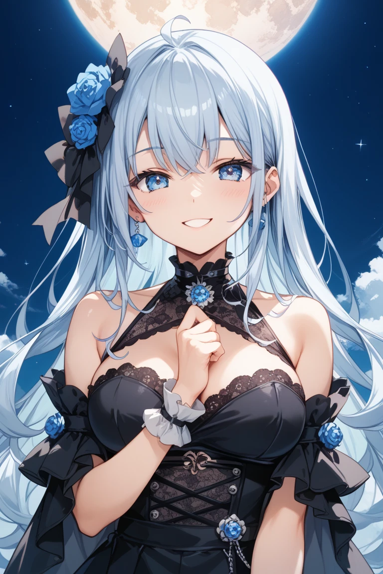 {{masterpiece, extremely detailed, 8K, absurdres, high quality shadowing}}, {{facing viewer}}, best quality, {solo}, {{extremely detailed girl}}, perfect anatomy, perfect anatomy, {{bare shoulders showing}}, {{huge breast}}, {{breast apart}},{tits poking through}} {slim waist}, {slim legs}, {{{{detailed fingers}}}}, {{{detailed tits}}}, {{{detailed legs}}}, {{{seductive thighs}}}, showing}}, {{{{extremely detailed shoulder length dark grey white hair}}}}, {{{luscious curly braided hair}}}, cat ears, {{pink inner cat ear flaps}}, {{{extremely detailed eyes}}}, {{{{sharp white cat eyes iris}}}}, {{{{dark blue eyes}}}}, {{{{vibrant eye colors}}}}, {{{blushing}}}, {{cute shy smile expression}}, night clothes, {{{{extremely detailed dark grey knitted fleece off shoulder jacket}}}}, {{{detailed black long lace night gown}}}, {{{detailed dark blue fuzzy slippers}}}, {{sitting on the bedside next to a window during a starry night}}