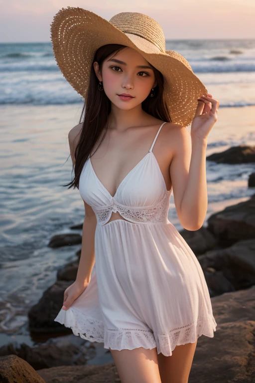 (8k, Top quality, Masterpiece:1.2), (Realistic, photo-realistic:1.37), Super detailed, perfect anatomy, cute, small eyes, 18 years old, a Japanese, girl, dress, sand dunes, straw hat, large breast, half smile,