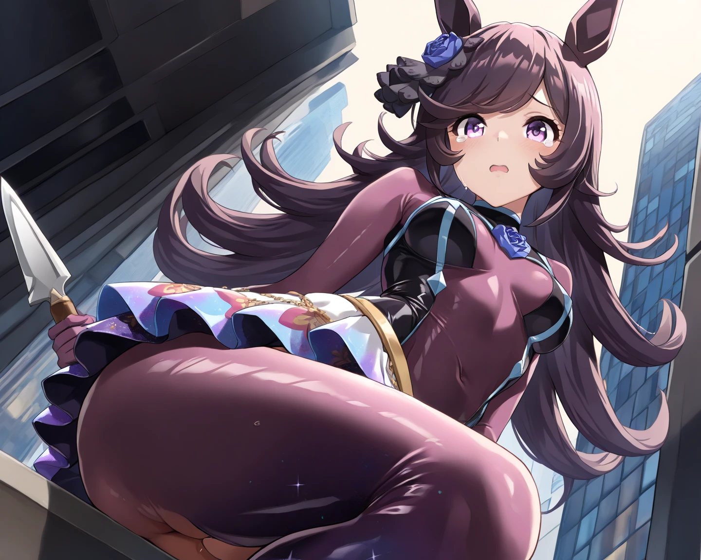 (8K, Highest quality, masterpiece:1.2),\(eye\),(\(Garment Details\)\),(Huge boobs) ,高画質CG Unity 8K ファイルサイズが大きい,Very detailed,High resolution,美しいeye,Ray Tracing,Dramatic Shadows,finely,Hyper Detail,(1 girl:1.3),(alone),Long Hair、wear(Cosplay_,Very cute black and purple lingerie with frills,Short skirt),blush,((eyeに見えるパンティー)),((Black panties)),Knee socks,Two-dimensional woman,((Squat)),((Face forward and spread your legs wide)),((Raise your arms up and place them behind your head)),Lift your butt,Simple Background,Sweat a lot,Female masturbation,Show the whole body,Love juice