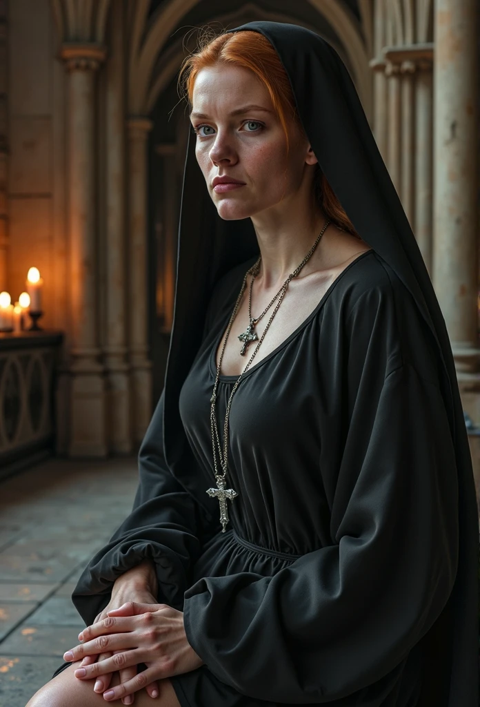 nun costume , tower , dusk <lora:Susan_Sarandon:1> masterpiece, best quality, detailed face, solo, a woman, mature s1873s, red hair, long_hair, looking_at_viewer