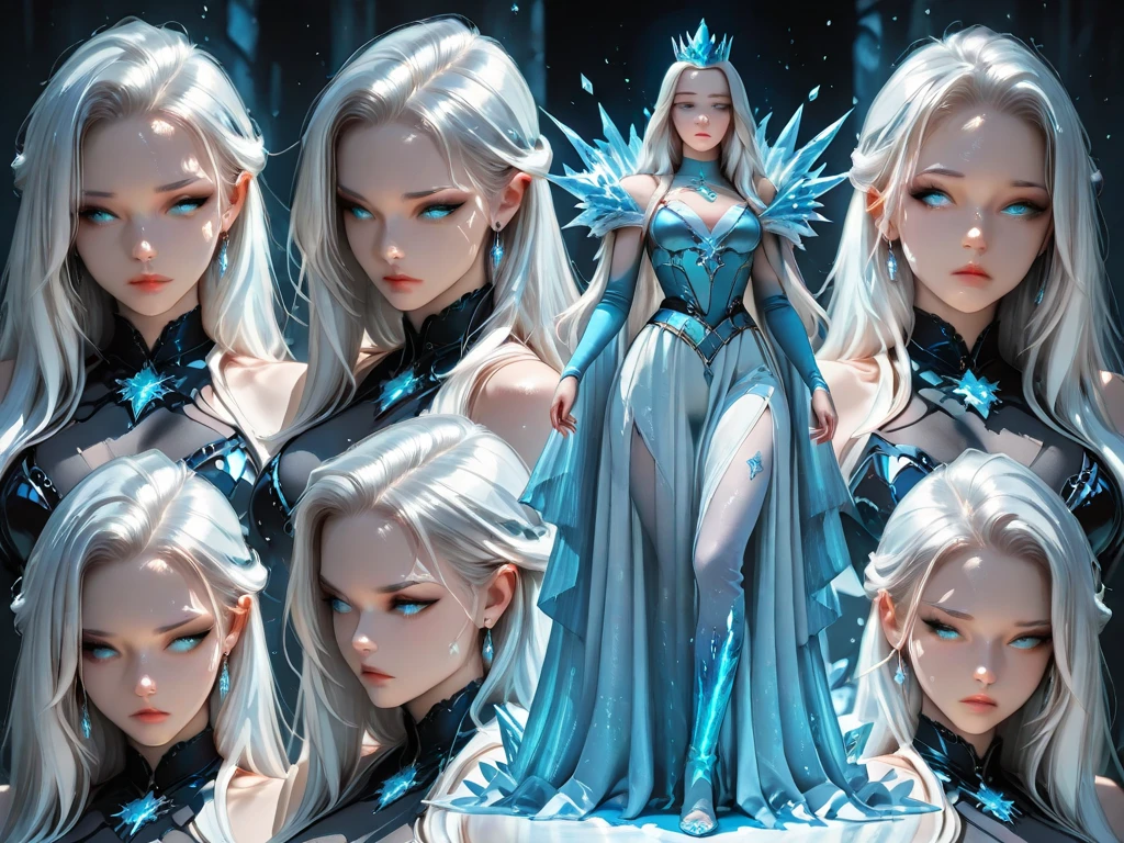 night, ((1 girl)), alone, masterpiece, 8k wallpaper, highres, absurdres, high quality background, short hair, black hair, multicolor hair, beautiful frozen village, (full bright moon), blue dress, detailed dress, jewelry dress, (magic:1.2), blue fire, blue eyes, glowing eyes, fire, ice goddess, (blue detailed beautiful crown), electricity, blue electricity, blue light particles