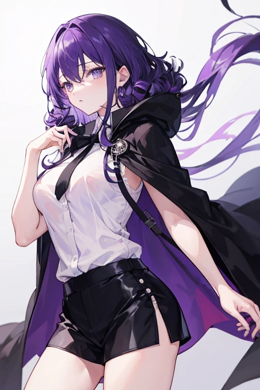 (Masterpiece, Best quality),8K quality,  1girll, 独奏, KafkaHKS, A woman sits in a chair，There was a knife leaning against the side of the chair，Playful expression！Purple and black clothes。eyewear on head,  gradient backgrounds， hair between eye，Long sleeves, Purple gloves, White shirt,  Purple pantyhose, Black boots, Purple cobwebs， Black silk thighs，  sunglasses on head， long whitr hair， looking at viewert， Black Purple Hair， Short purple nails， Scarlet eyes，Thighs, Thighs，upper legs，long whitr hair，Wine，wineglass，（（tmasterpiece））Pleated purple skirt，Sat down，Absolute realm，mistic，magical