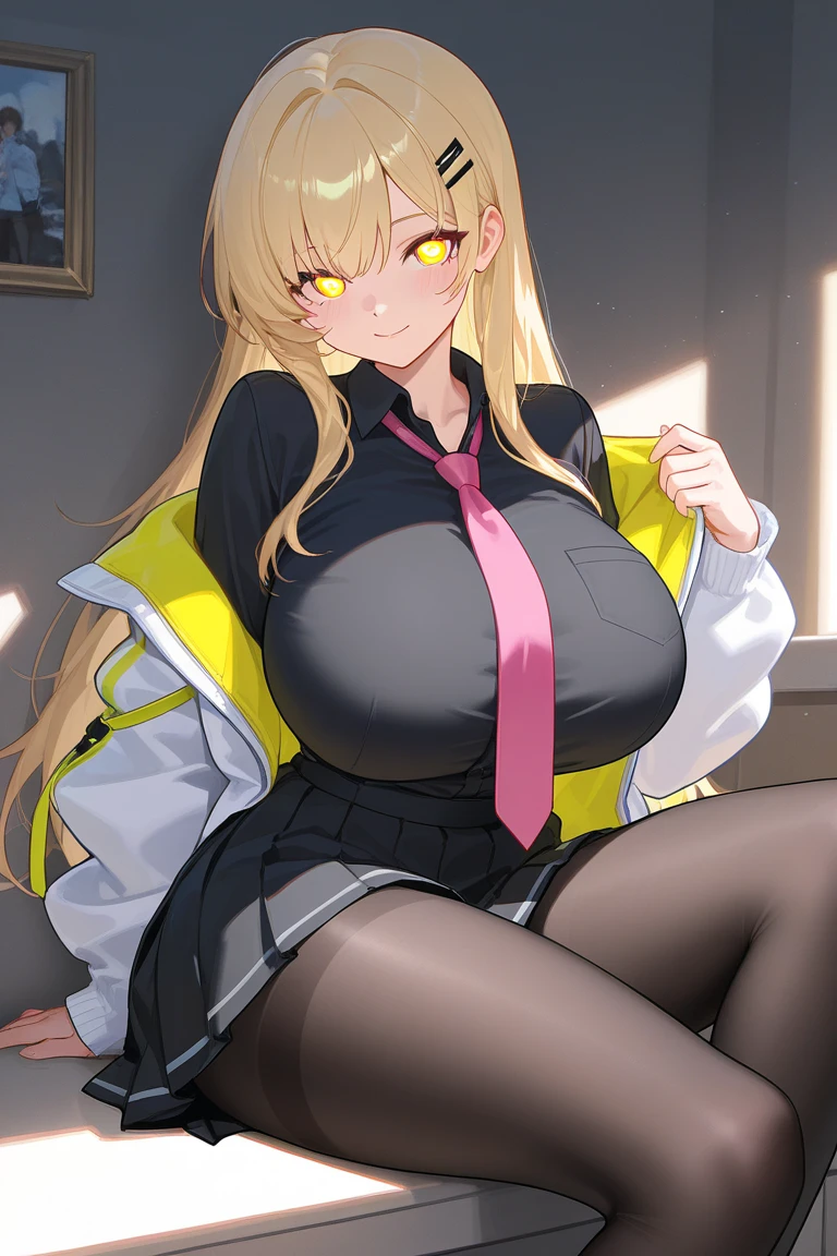 A girl with big tits, yellow hair, tight white leggings, and a black shirt