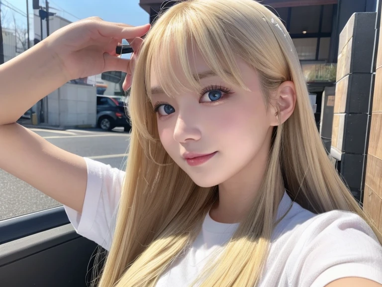 Sexy big 、Sexy cute looks and cute 15 year old beautiful girl, Beautiful and sexy face、A strong wind blows my hair in front of my face、With straight blonde hair、Beautiful, cute and sexy eyes hidden behind long bangs