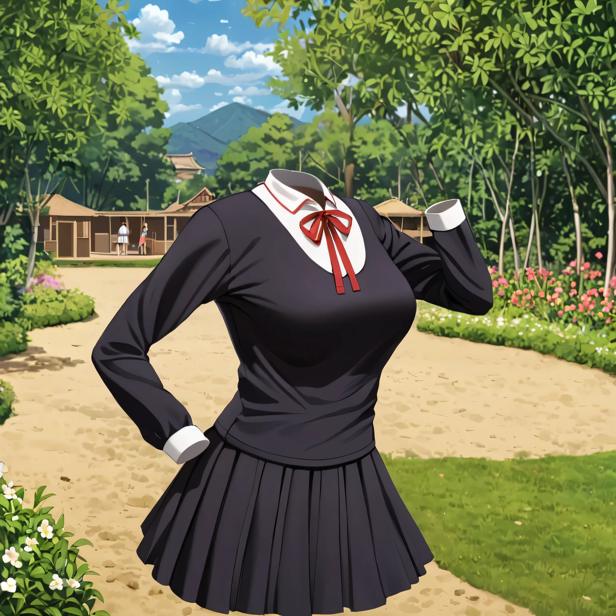 (invisible:1.5, no humans:1.5, headless:1.5, faceless:1.5), ( shuuchiin_academy_uniform,fujiwara_chika, school_uniform, dancing, black_dress, long_sleeves:1.2),in garden, (big breast), (best quality, masterpiece:1.2), ((detailed cloth texture)), ((detailed anime, super fine illustration)), realistic, photo-realistic