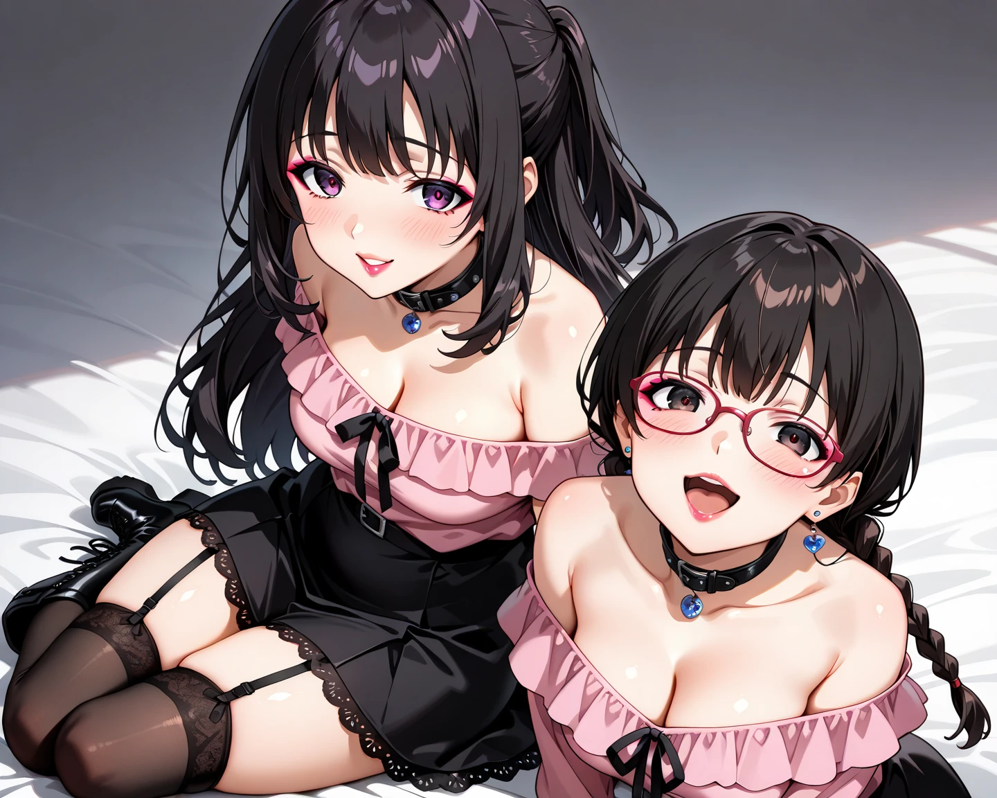 Super detailed, best quality, High resolution, Moe anime, ((((Three cute s with black hair are hugging each other while wearing large glasses with round, thin frames.)))), (baby face), ((Big eyes:1.5, drooping eyes:1.2)), dark blue eyes, cute eyes, detailed eye description, brilliance of eyes, view audience, pale skin, ((())), NSFW, focus on the face, ((bust shot)), ((naked lace bra, lace panties)), Navel exposed, bare shoulders, Skirt-lift, Shirt-lift, ((flat chest)), At the bed, From above, sitting, twin tail hairstyle
