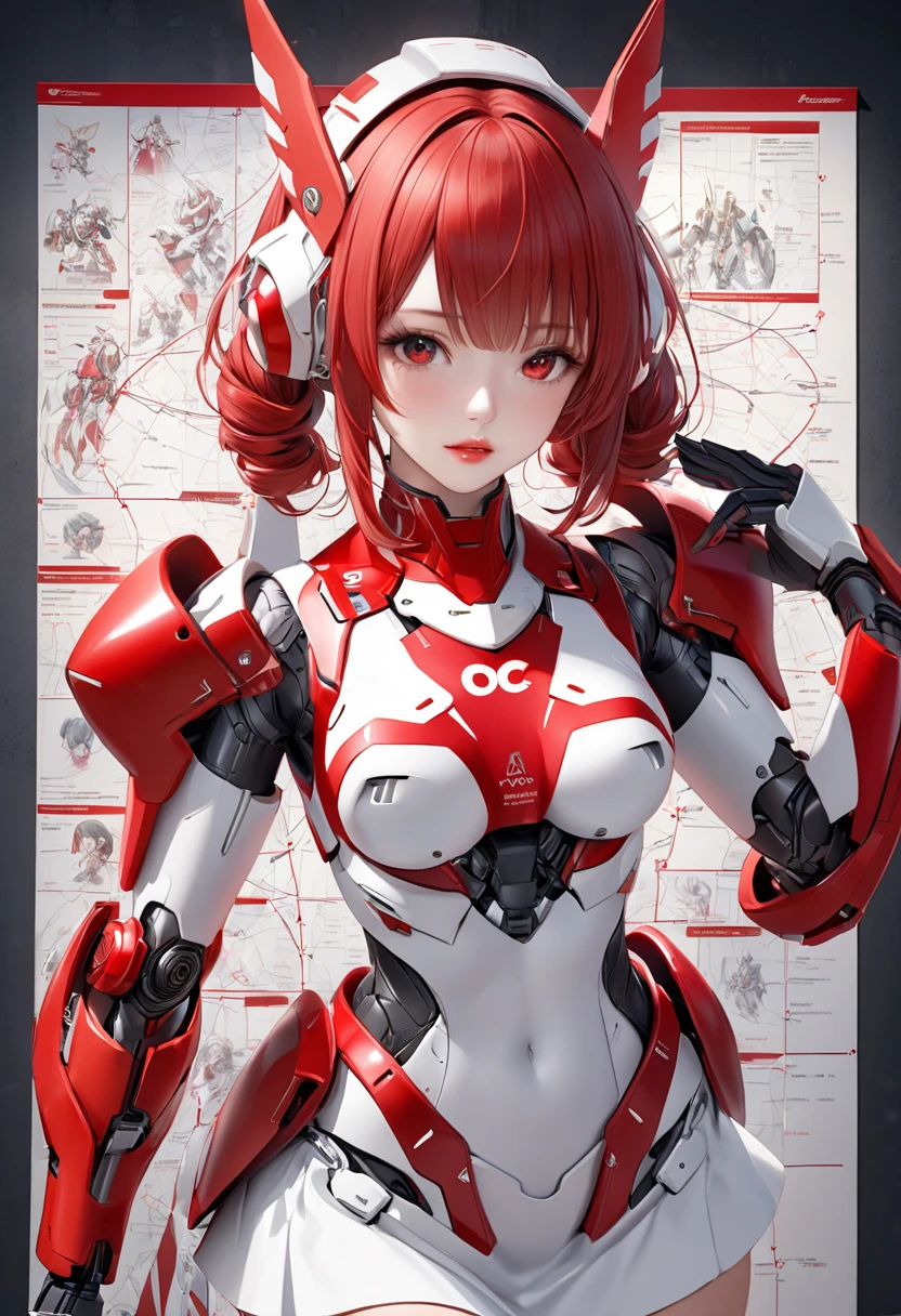 best quality, absurdres, (ultra high res), makima_\(chainsaw_man\), braided ponytail, ringed eyes, red hair, detailed yellow eyes, (glowing eyes:1.1), wide hips, narrow waist, covered nipples, (double v sign), peace sign, (robot feet, joint feet), octane render, large breasts, mechanical bodysuit, red cyber helmet, red suit, orange helmet, neon light, (Masterpiece), (cinematic lighting), (simple gray background), ((fullbody view))
